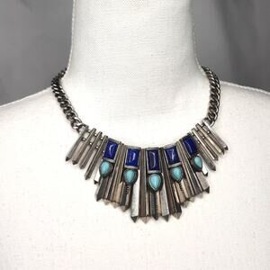 Silver and Blue Curb Chain Statement Necklace